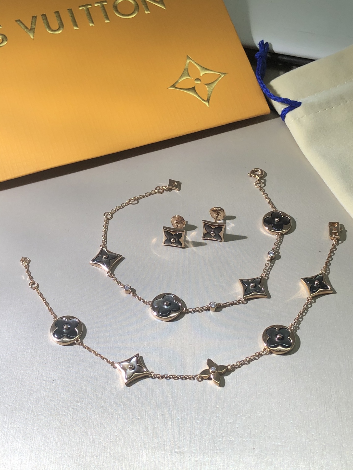 Louis Vuitton Rose Gold Gray Mother of Pearl Earrings Bracelet Necklace - Original Replica Club