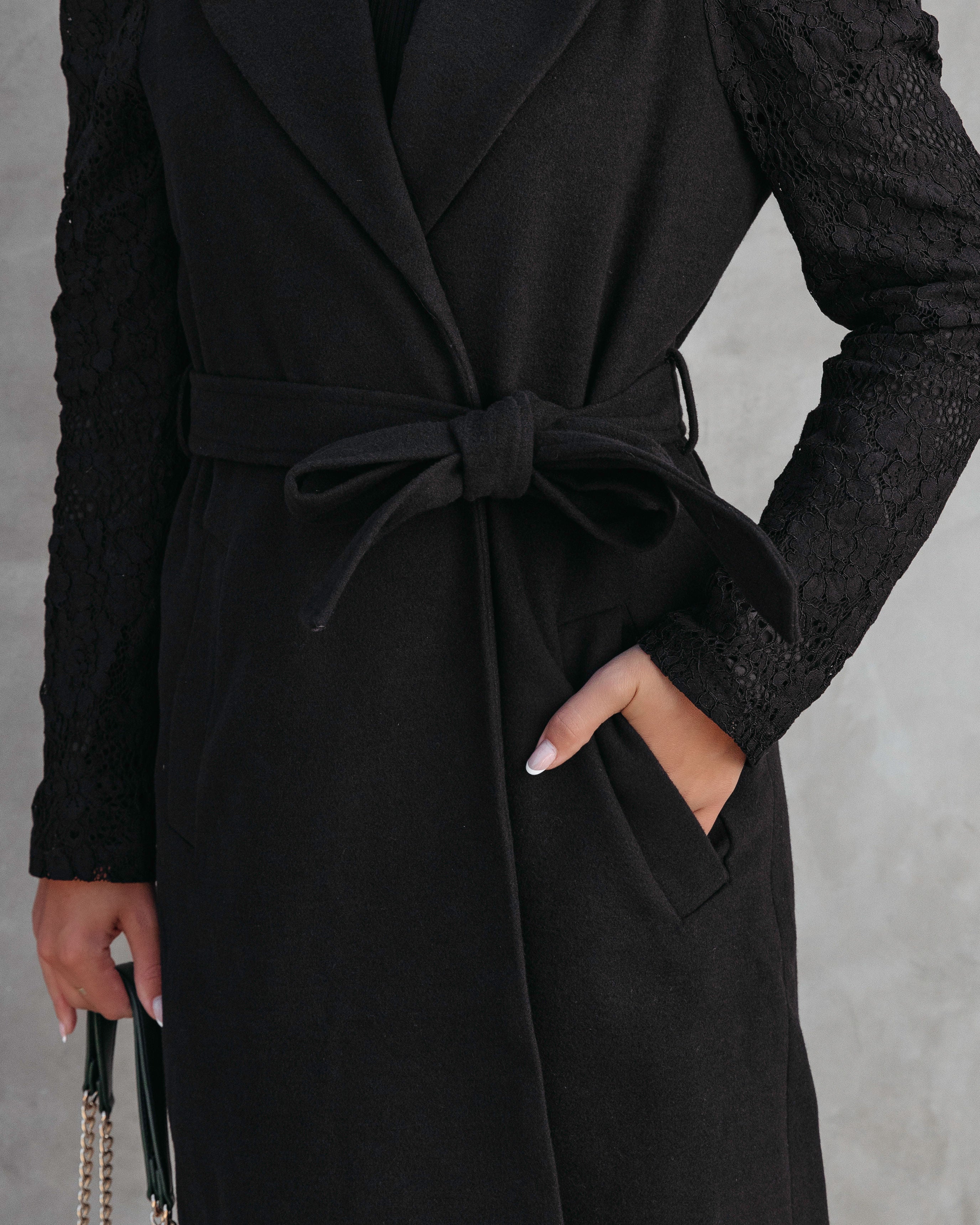 Eileen Pocketed Lace Sleeve Coat - Black - Se7enfashion