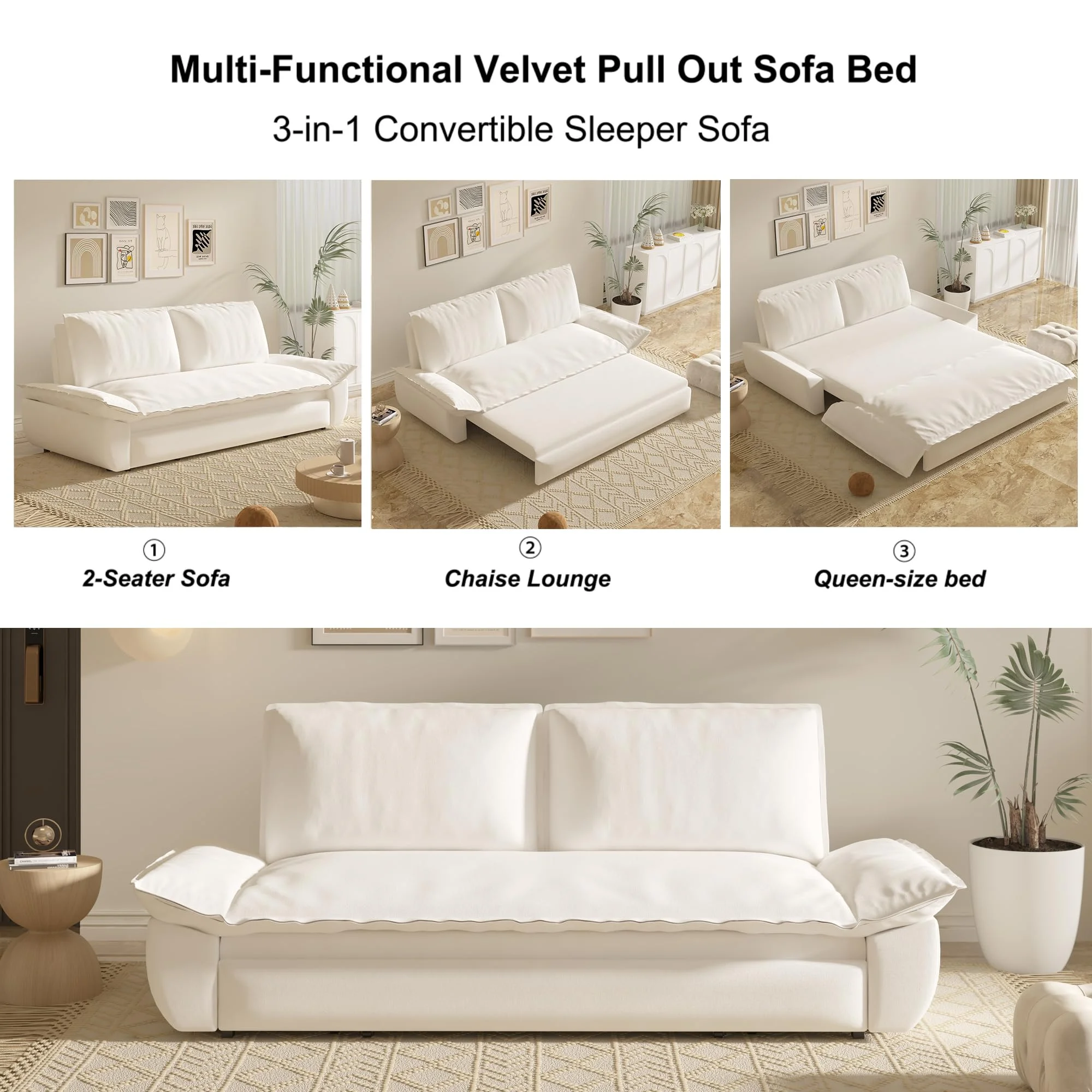 Tabaray 63.8" Futon Sofa Bed Queen Size, Pull Out Bed, 3-in-1 Convertible Sleeper Sofa with Side Pocket, Modern Plush Velvet Futon Couch for Living Room, Small Space, Apartment, Bedroom, Black - Image 35