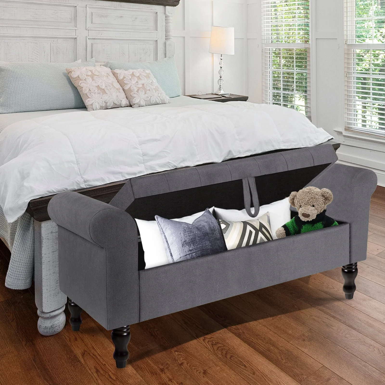 Storage Bench with Upholstered Rolled Arm Ottoman Bench Couch w/ Solid Wood Legs for Bedroom End of Bed,and Living room,Gray - Image 6