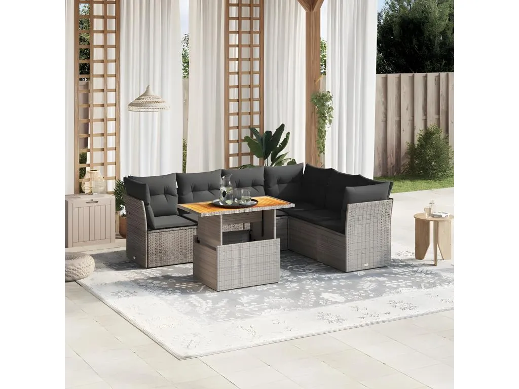 Hogarsens Set de sofás de jardín 7 piezas con cojines ratán PE gris