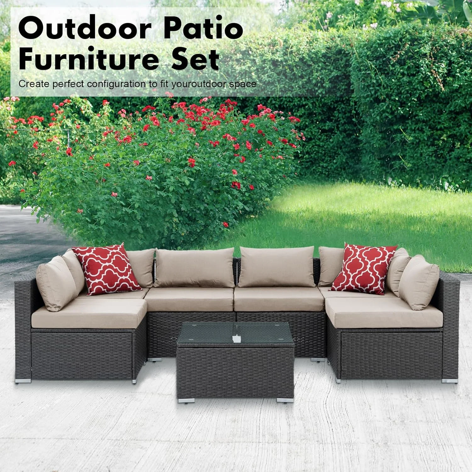 7 Piece Patio Furniture Sets Outdoor Sectional PE Rattan Outdoor Furniture Patio Conversation Set with Cushions and Glass Coffee Table, for Balcony Lawn and Garden, Gray - Image 22