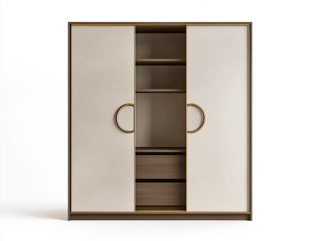 Armario moderno con herrajes de latón, color beige y madera oscura, material madera y tela, adecuado para interiores, tamaño: 120x50x180 cm
