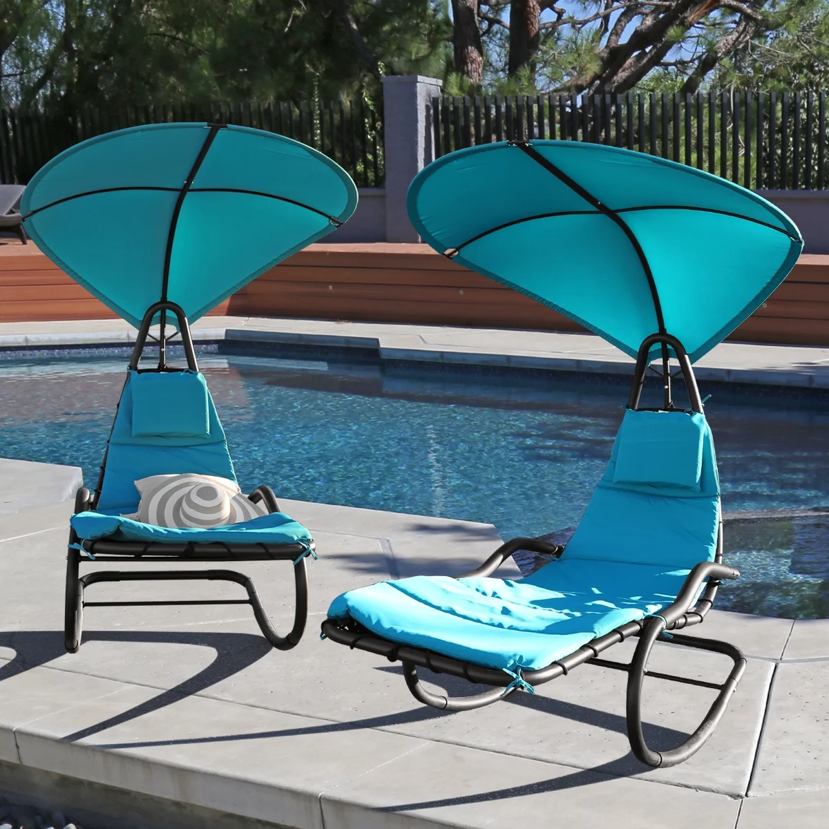 2X Rocking Hanging Lounge Chair - Curved Chaise Rocking Lounge Chair Swing For Backyard Patio w/ Built-in Pillow Removable Canopy with stand {Green} - Image 19