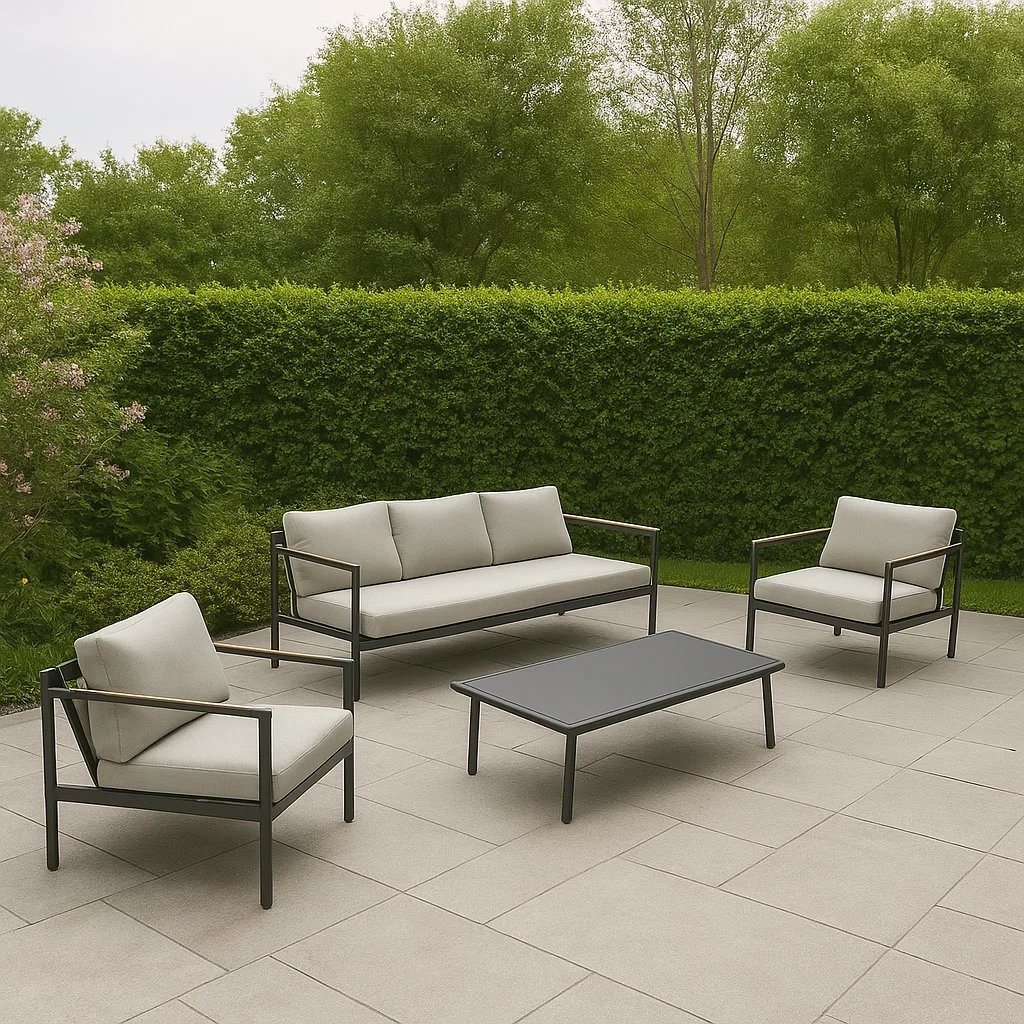 Conjunto de jardín para 4 personas, Estructura metálica, 1 sofá de 3 plazas, 2 sillones, 1 mesa rectangular, Gris y cojines beige - IrrxpyW210Bz
