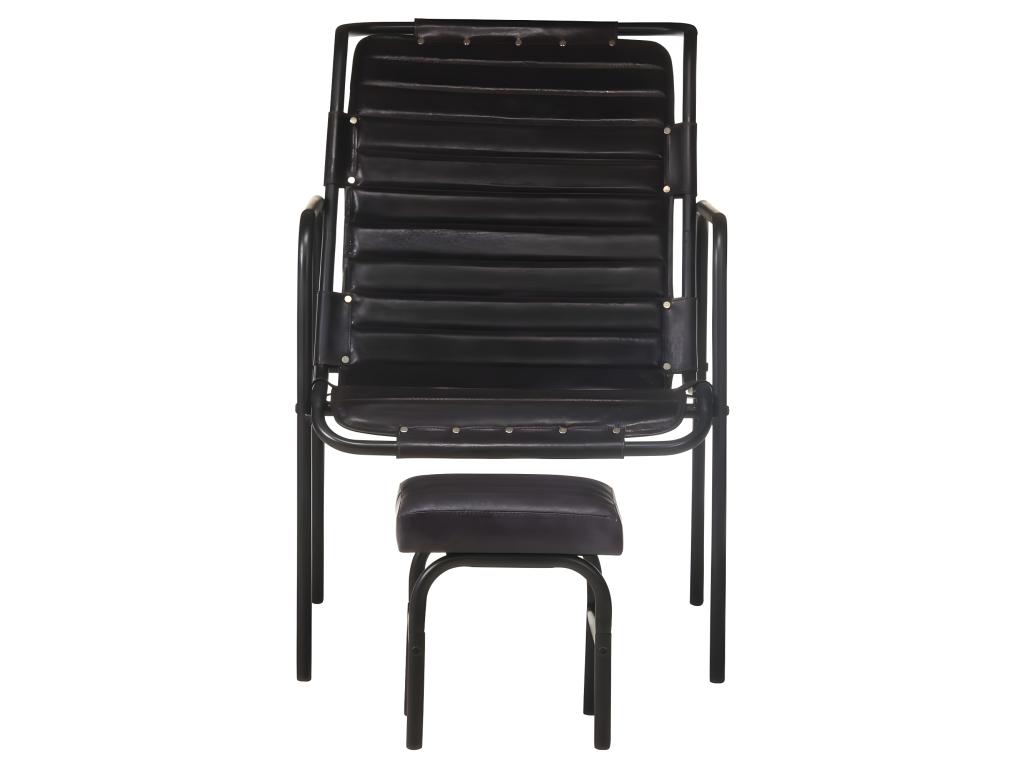 Sillón de relajación con reposapiés Negro Cuero auténtico