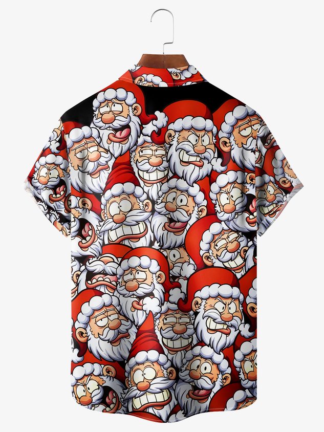 Christmas Santa Claus Chest Pocket Short Sleeve Casual Shirt