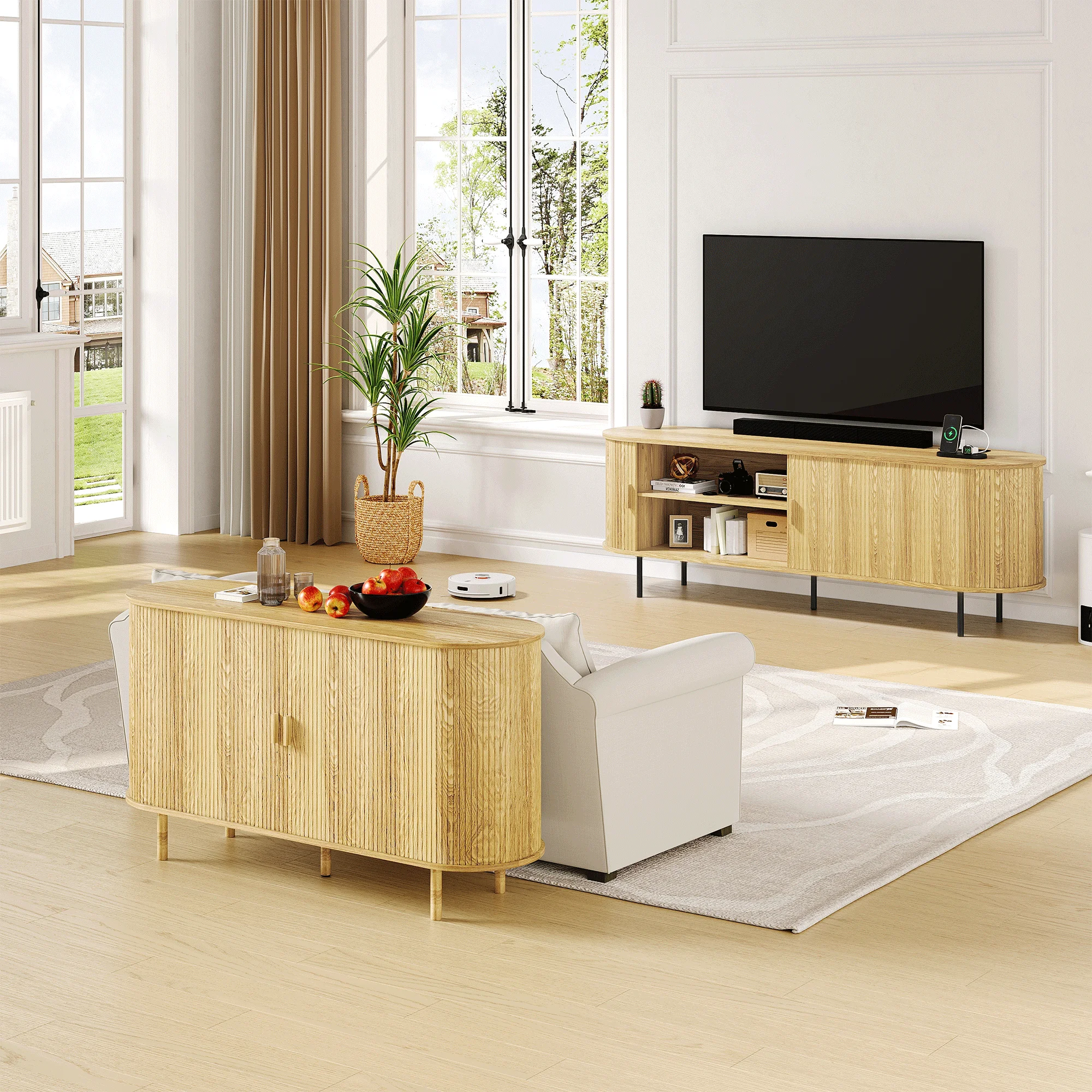 MARNUR 63" TV Stand for 70" TV, Wood Entertainment Center with Storage and Shelves, 2 Sliding Tambour Doors, Mid-Century Modern, Walnut - Image 20