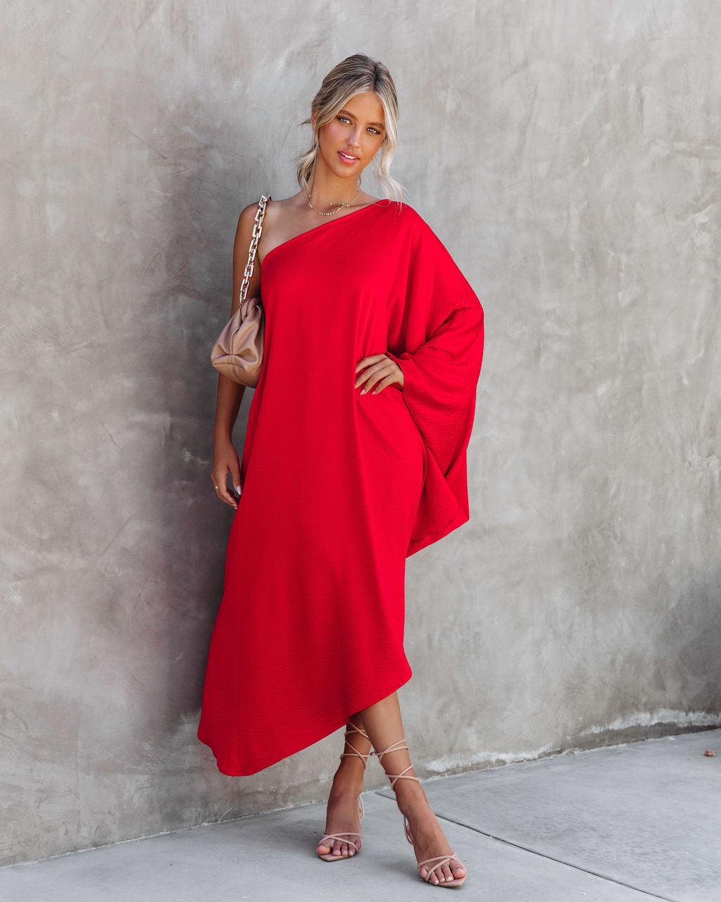 Goddess Of Beauty One Shoulder Satin Maxi Dress - Red - Se7enfashion