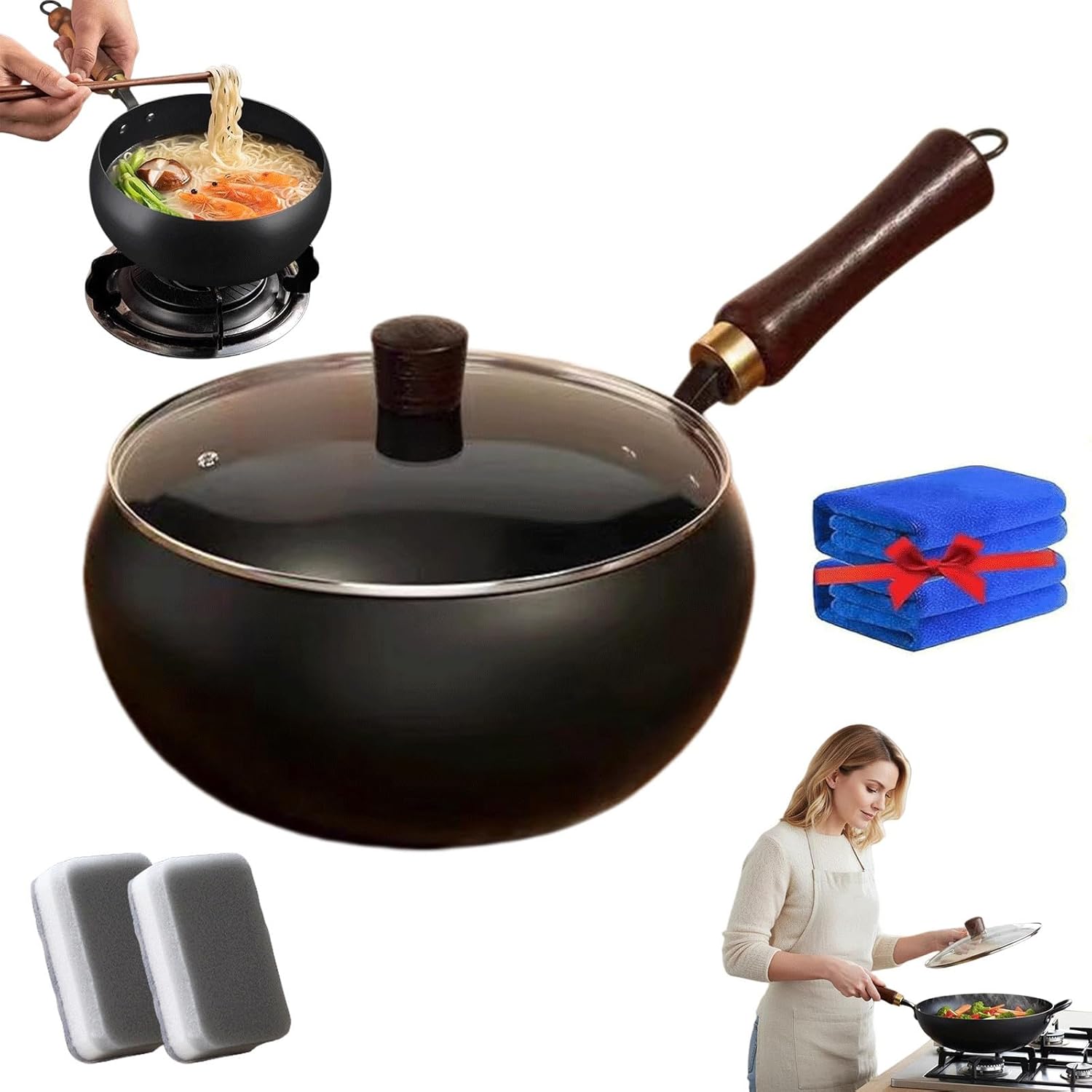2026 New Japanese Cast Iron Wok Pan,9.45 In Hand Hammered Japanese Cast Iron Pot,Uncoated Healthy Cooking Pot With Lid,Uncoated Healthy Pot For Induction, Gas & Electric Stoves (Pot)