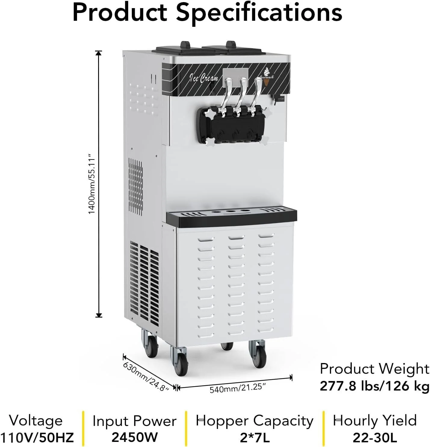 Garvee Commercial Ice Cream Machine 3-Flavor Floor Soft Serve Yogurt Maker 5.8-8Gal/H Yield With 2*7L Hoppers & 2*1.8L Cylinders - Image 3