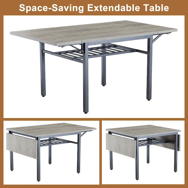 Contemporary Industrial 63.2" Extendable Dining Table with Drop Leaf, Accommodates 6