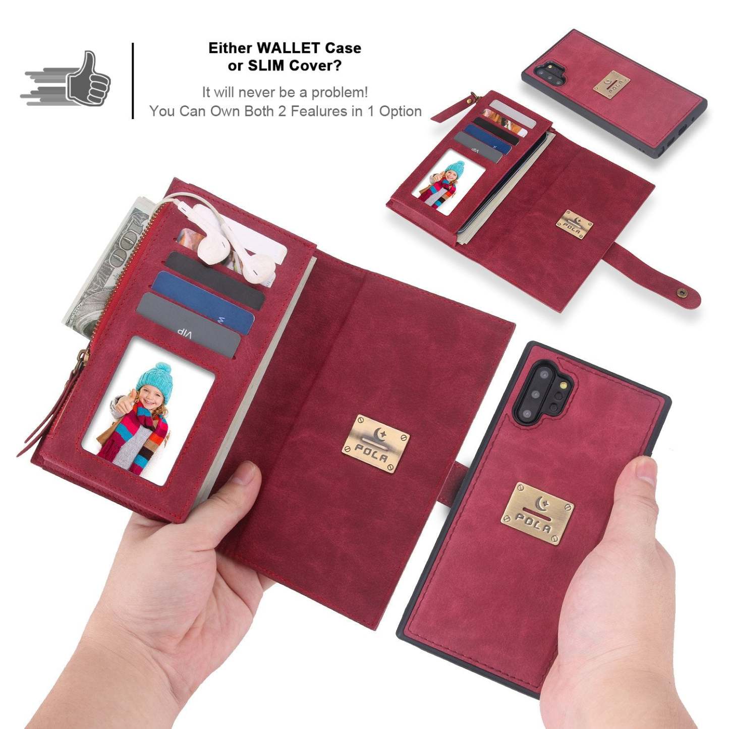 POLA Samsung Wallet Case , Leather Zipper Purse Detachable Magnetic 10 Card Slots Money Pocket Clutch Protection Back Cases Cover