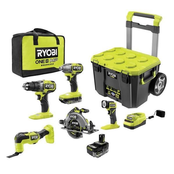 ONE+ HP 18V Brushless Cordless 5 - Tool Combo Kit with Batteries, Charger, Bag, and LINK Rolling Tool Box