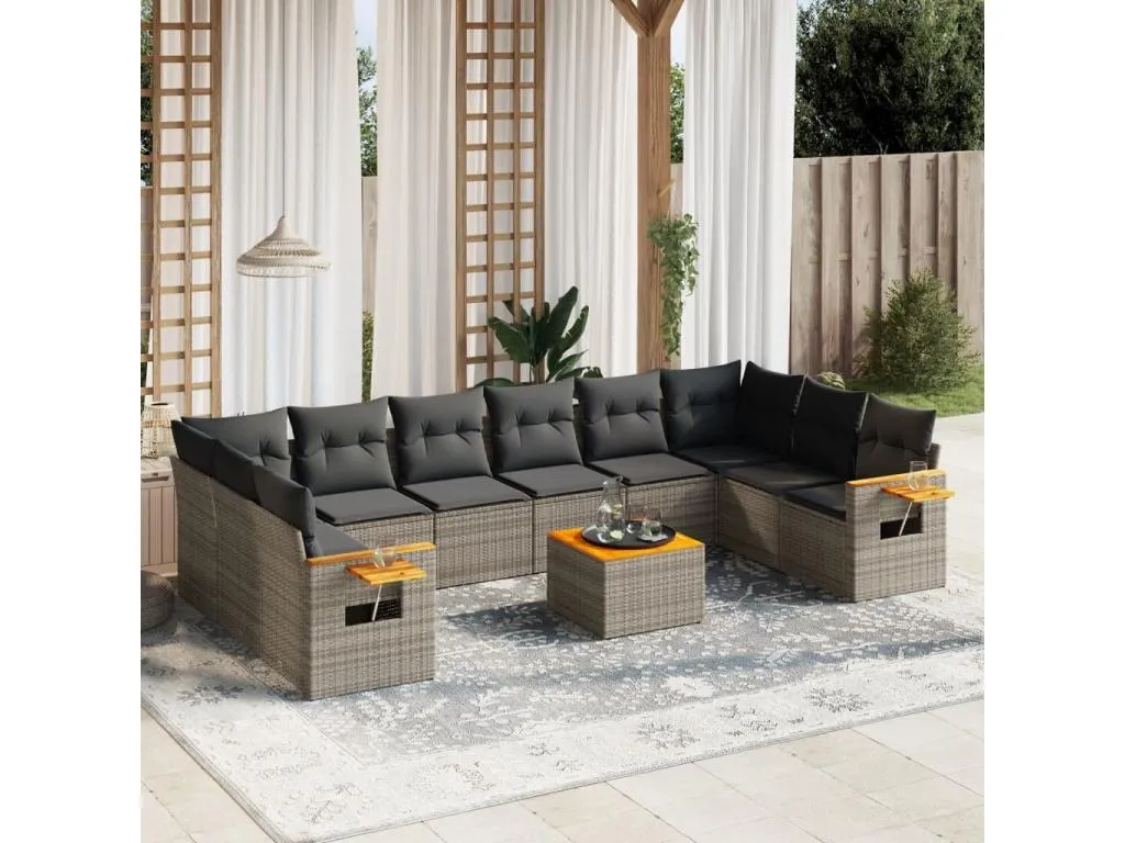 Set de sofás de jardín 11 pzas y cojines ratán sintético gris bxcz94510