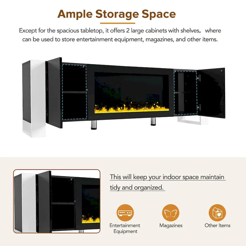 Contemporary Black 68.1" TV Stand with Fireplace and 2 Spacious Cabinets for TVs Up to 78"