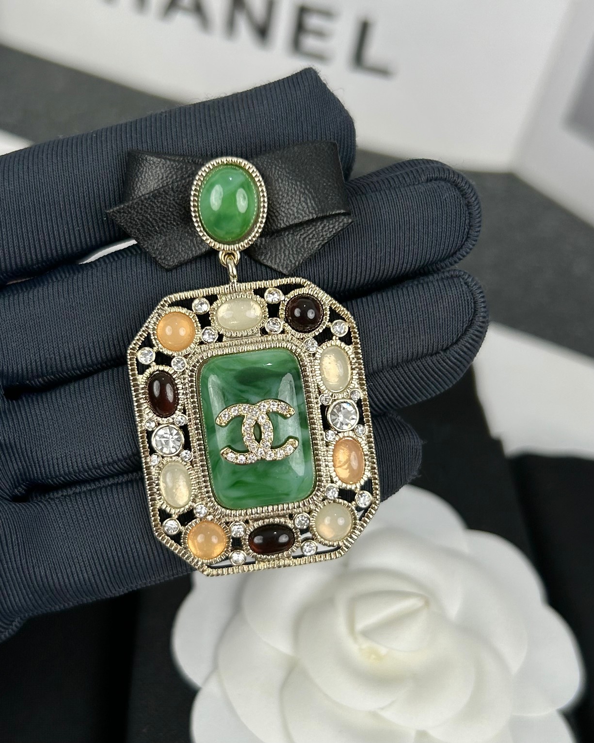 Chanel Leather Bow Multigem Emerald Brooch - Original Replica Club