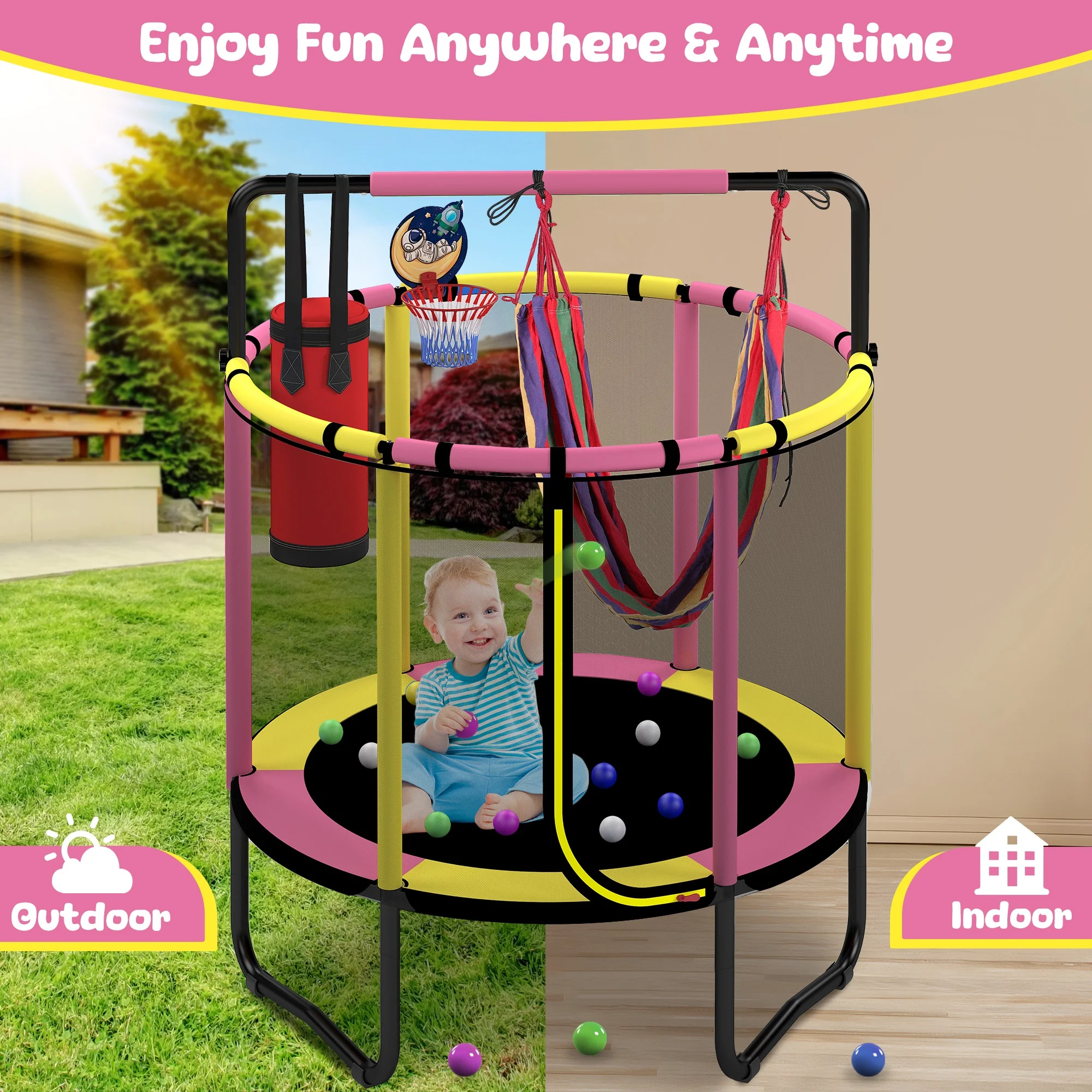Mini Round Trampoline for Kids with Basketball Hoop, SEGMART 55'' Indoor Outdoor Toddler Trampoline with Enclosure Net, Swing, Sandbag, Ring, Ocean Balls, Small Trampoline Gift for Boys Girls, Blue - Image 20
