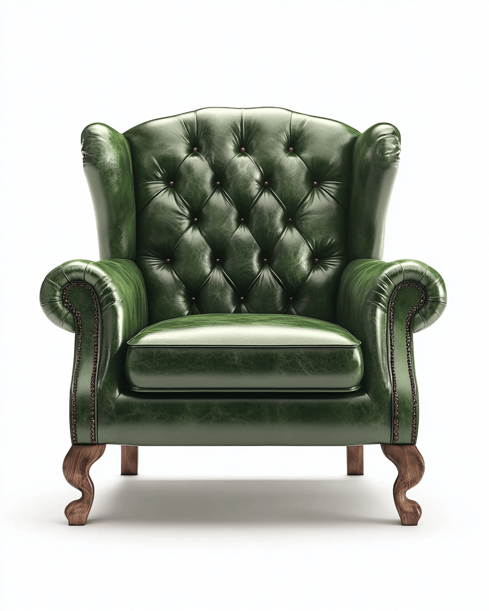 Sillón Chesterfield de cuero con patas de madera – verde – estilo clásico