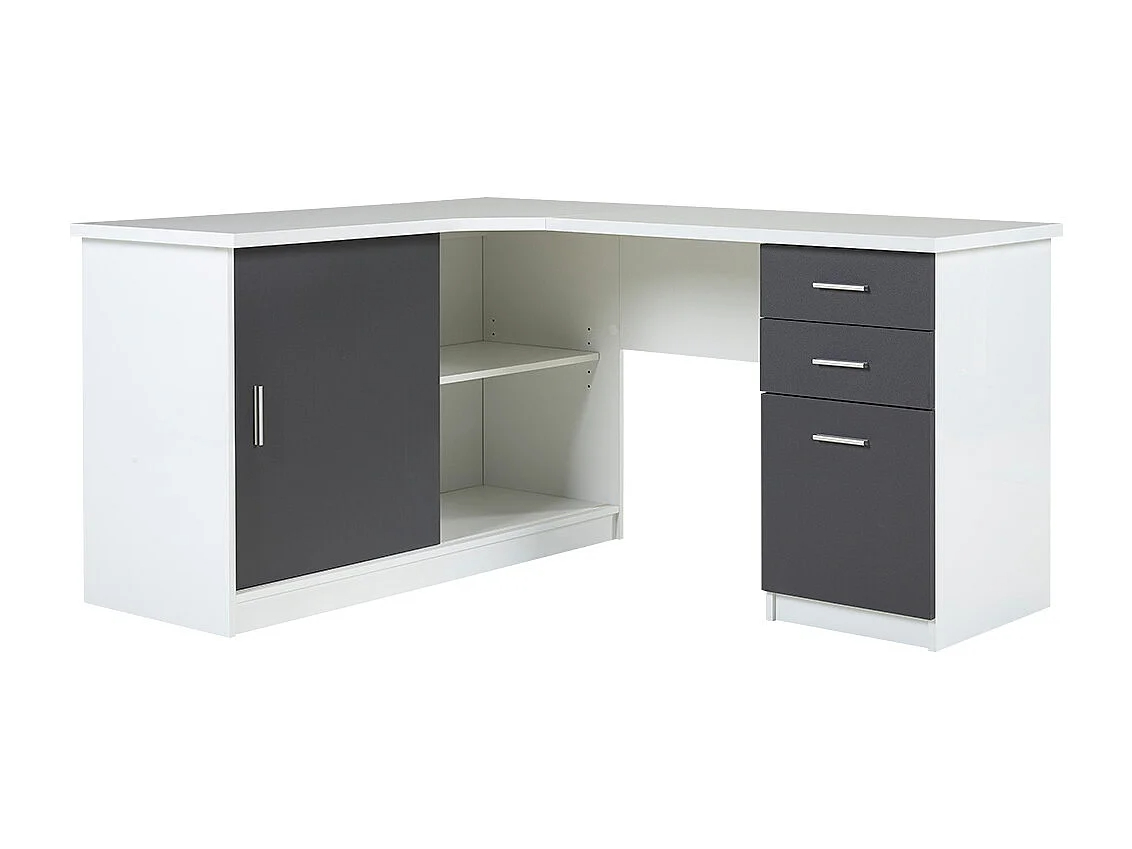 Escritorio rinconero NORWY - 2 puertas y 2 cajones - Blanco y Gris