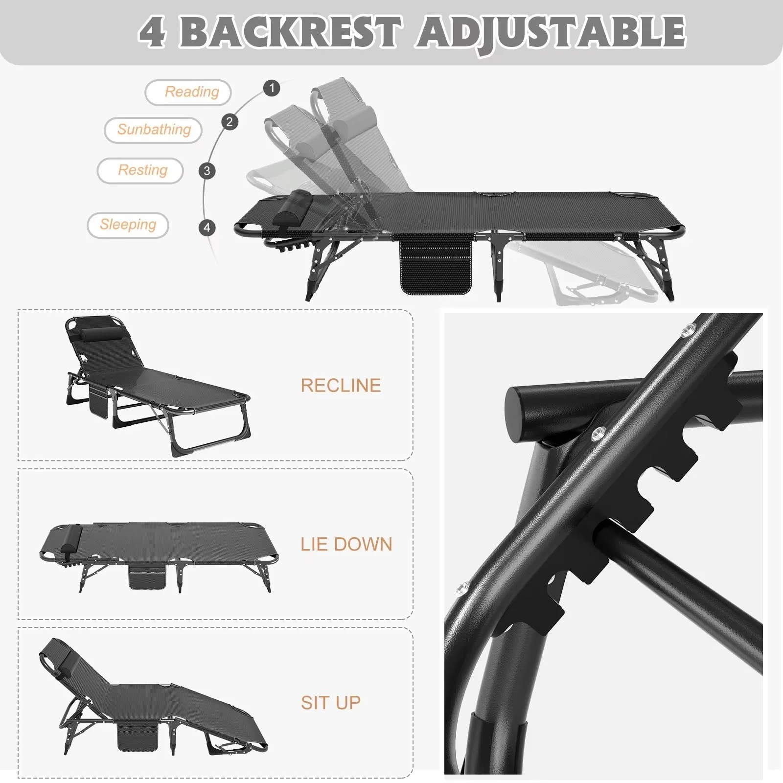 MOPHOTO Lounge Chair with Mattress, Outdoor Chaise Lounge Support 440 Lbs, Adjustable Portable Heavy Duty Sleeping Cots Bed for Camping, Pool, Beach, Patio - Image 6