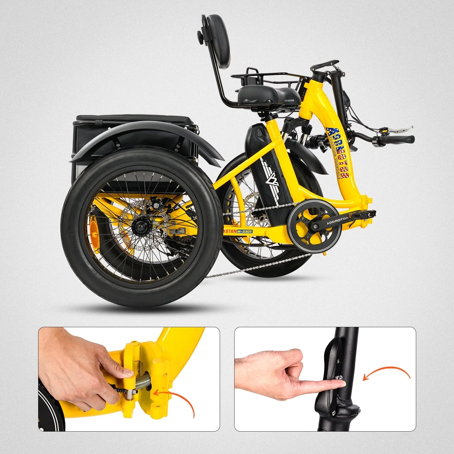 Addmotor Electric Trike, 750W Foldable Electric Tricycle, Folding Electric Trike for Adults,48V 20Ah Removable Battery,20" Fat Tire Electric Trikes with Rear Speed Differential,M-330F Yellow - Image 10