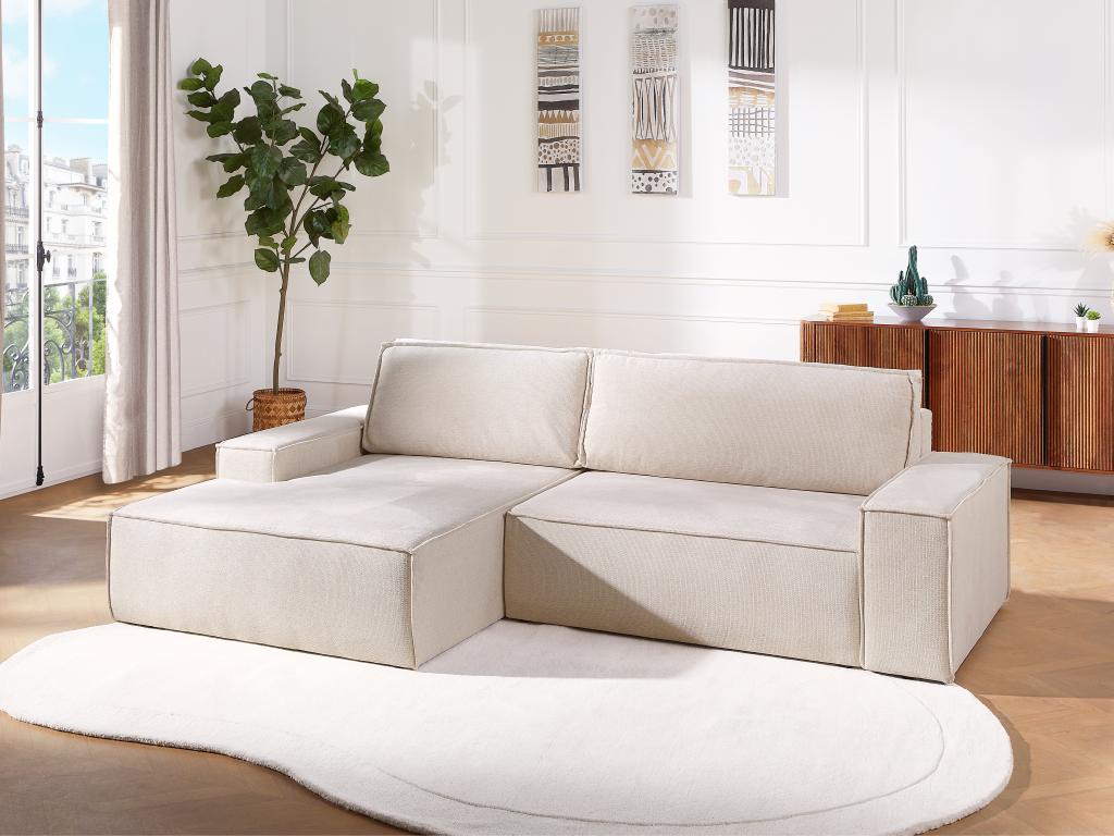 Sofá esquinero izquierdo convertible en textura de tela beige