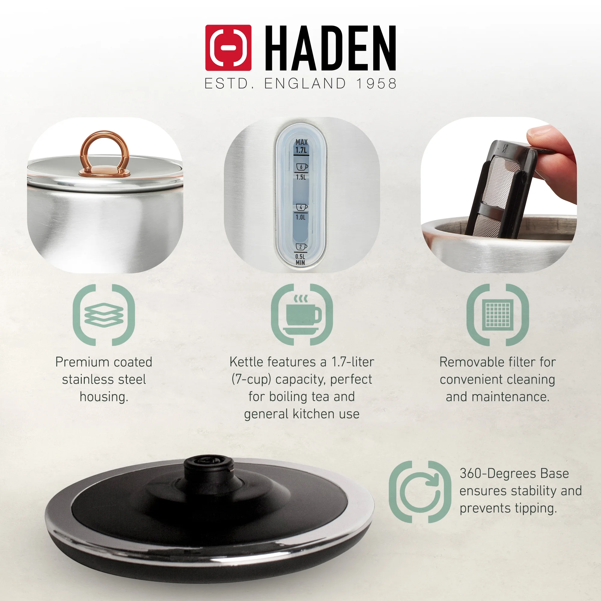 Haden Heritage 1.7 Liter Electric Kettle with 2 Slice Bread Toaster, White - Image 18