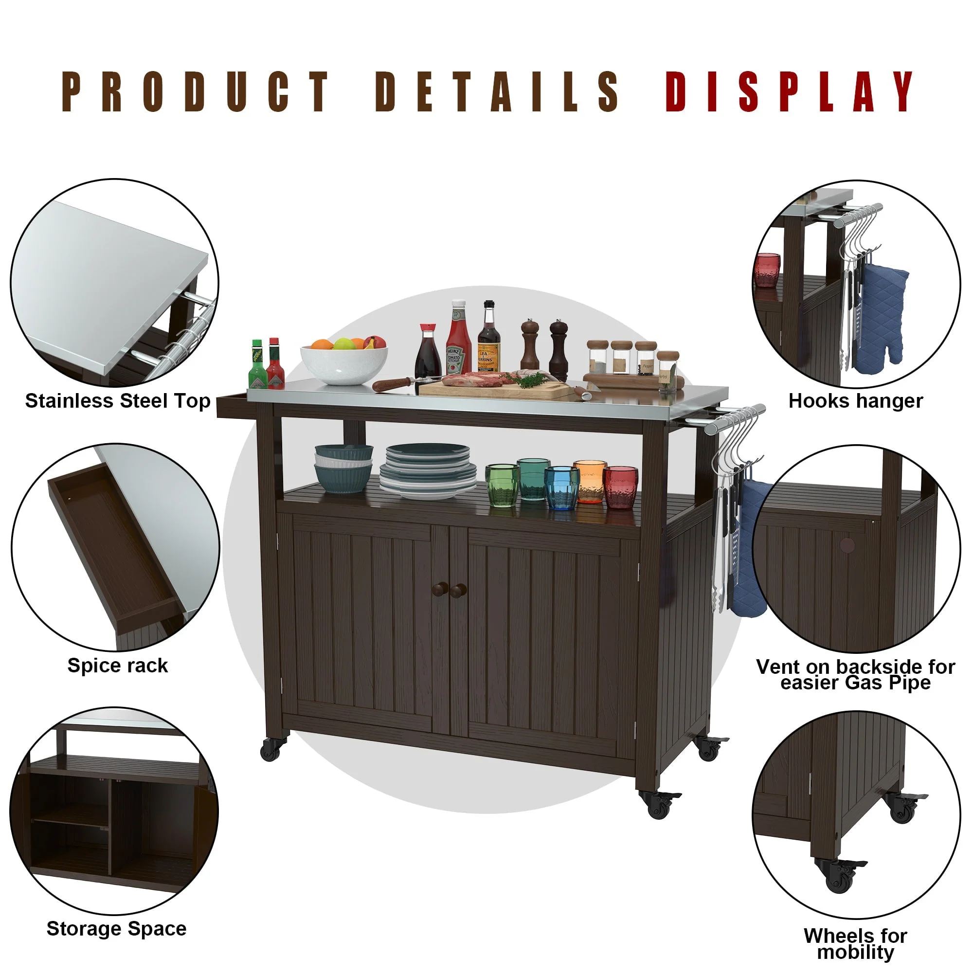 Outdoor Prep Table Grill Station, Solid Wood Movable Dining Cart Table, Dark Brown - Image 8