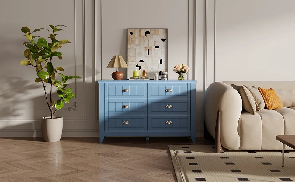 6 Drawer Dresser, Light Blue Elegant Chest of Drawers, Large Cabinet with Storage, Rustic Wood Chest of Drawers for Bedroom, Living Room, Hallway - Image 2