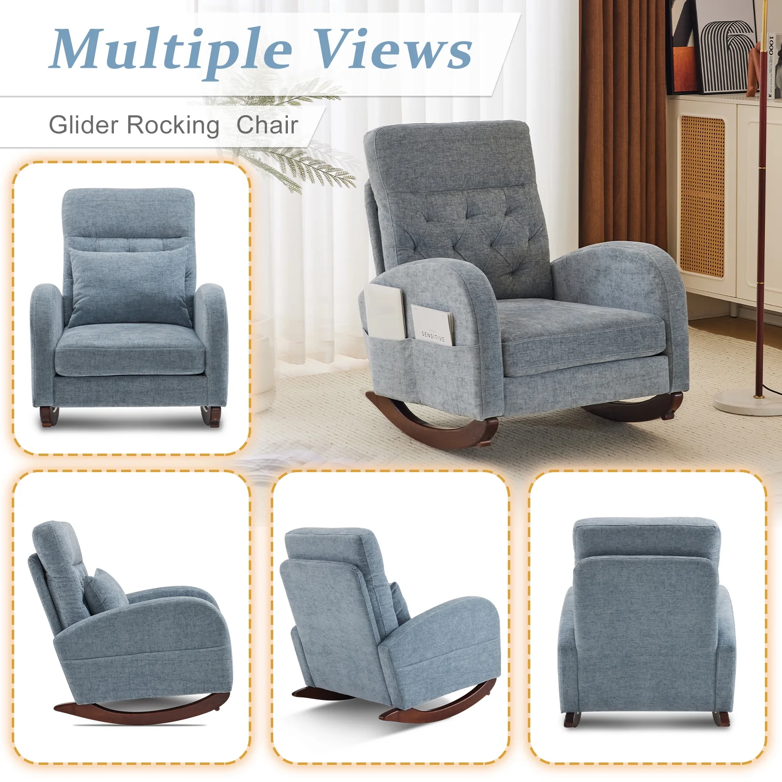 Ktaxon Rocking Accent Chair Glider Reading Chair Comfy Teddy Velvet Upholstered Single Sofa Rocker for Living Room, Nursery, Bedroom Beige - Image 55