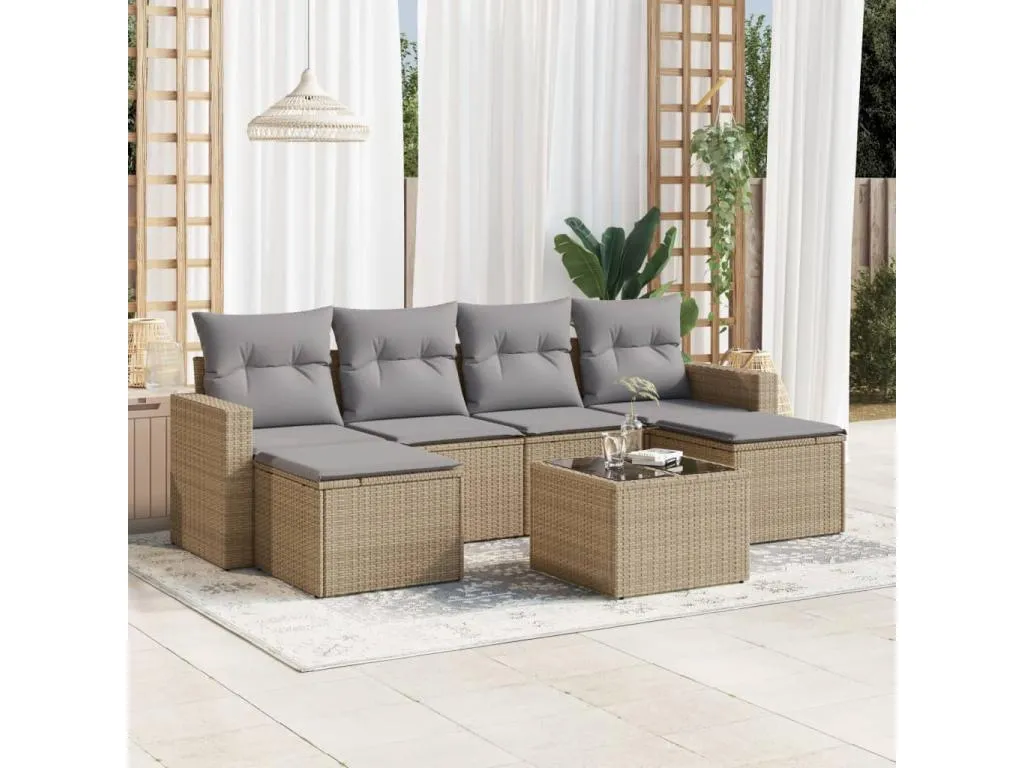 Set sofás de jardín 7 piezas y cojines ratán sintético beige