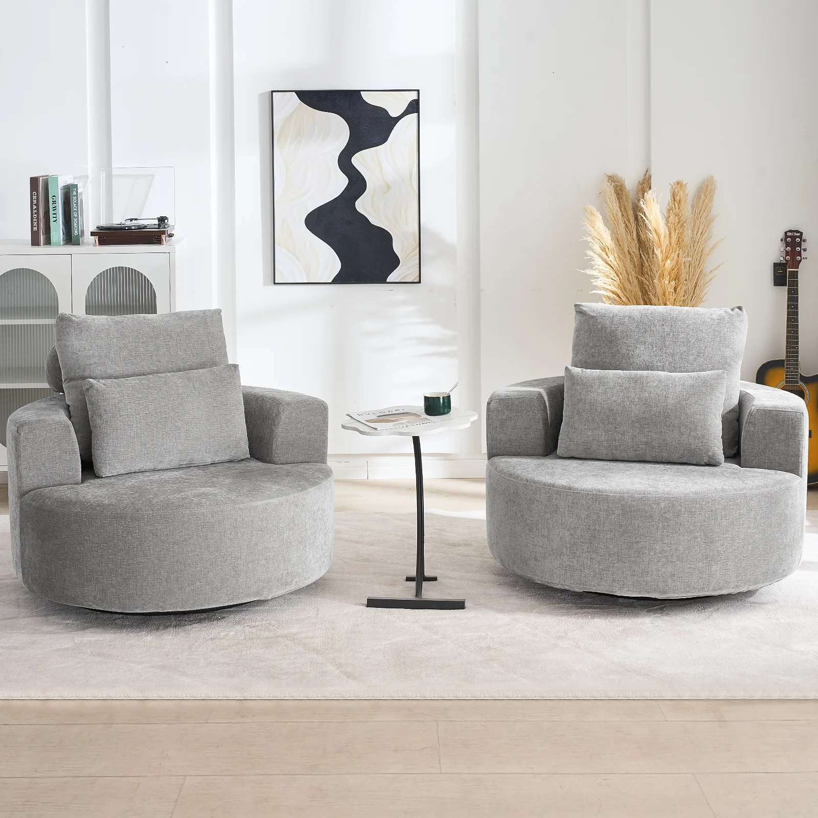 Fumahaus Upholstered Swivel Accent Chair, Oversized Comfy Round Sofa Chair with Two Pillows, Leisure Sofa Chair for Living Room Bedroom, Beige - Image 25
