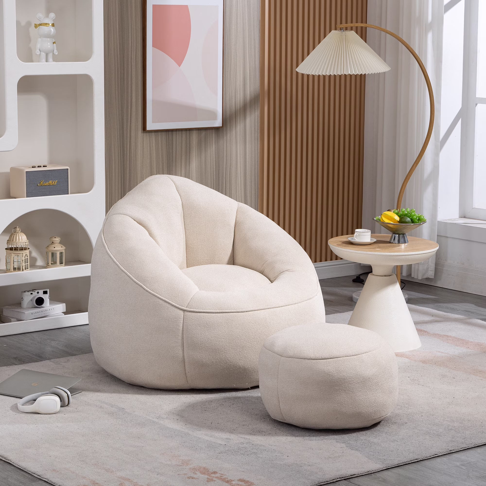MOONMISS Microfiber Upholstered High Pressure Foam Round Lazy Bean Bag Sofa Chair with Ottoman-Gray - Image 9