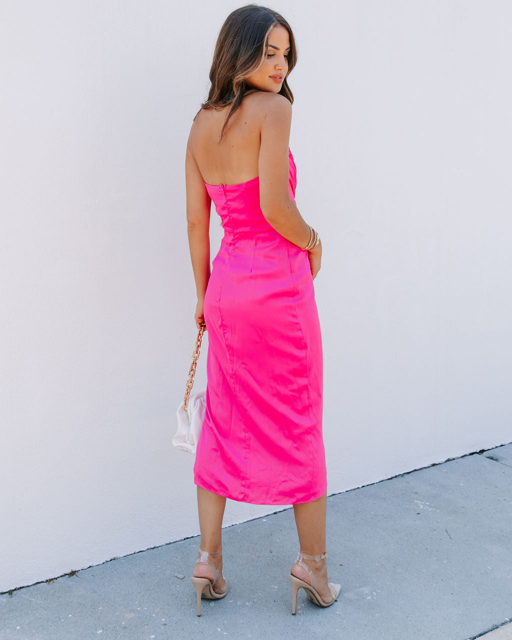 Classy And Fabulous Strapless Satin Midi Dress - Hot Pink - FINAL SALE - Se7enfashion