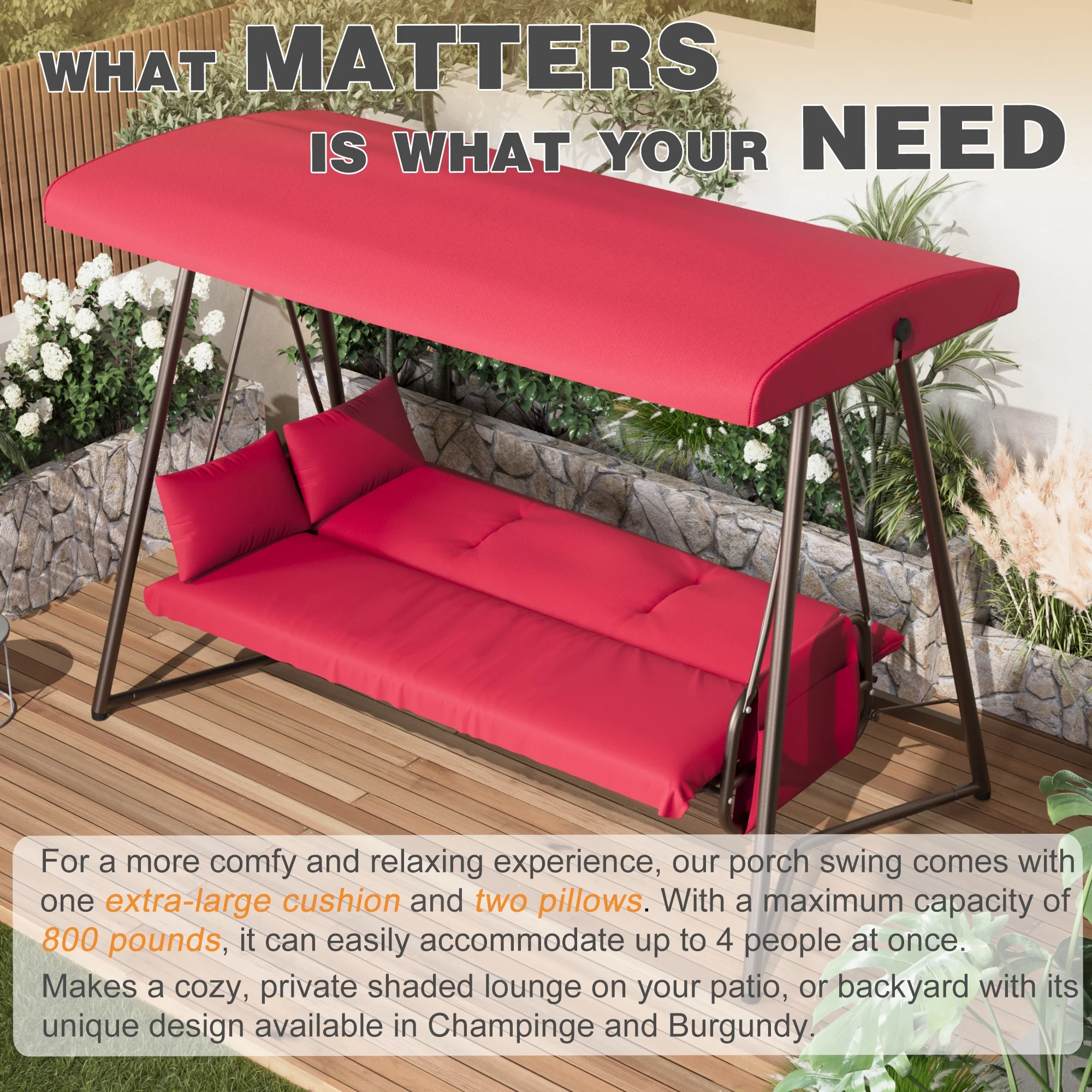 CHINNLUU Oversized 4 Person Porch Swing with Stand 800 LBS Capacity Adjustable Canopy Backrest Includes Cushions Pillows Patio 2 in 1 Swing Bed for Backyard Garden Poolside, Champagne - Image 12
