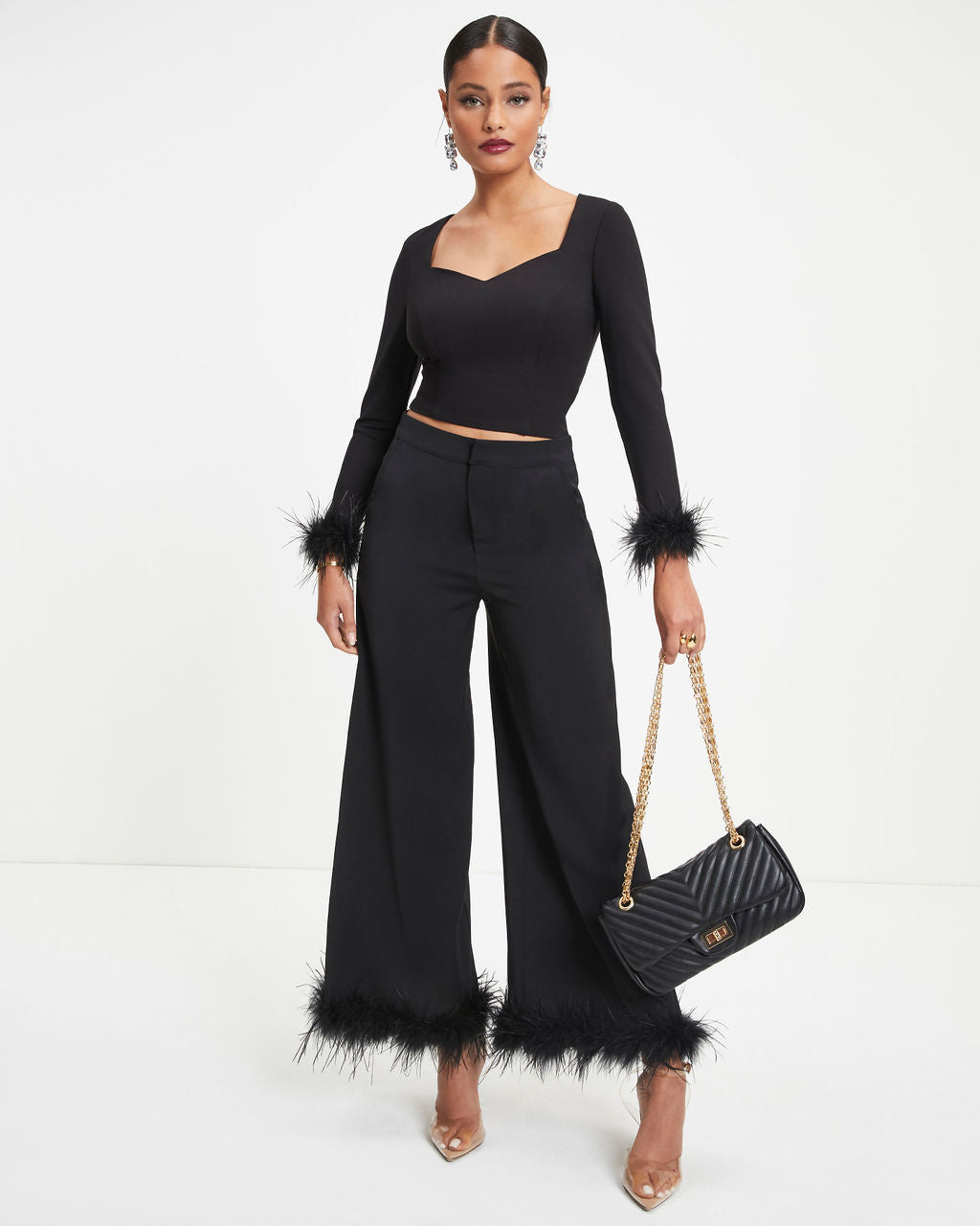 New Lover Feather Trim Pocketed Pants - Black - Se7enfashion