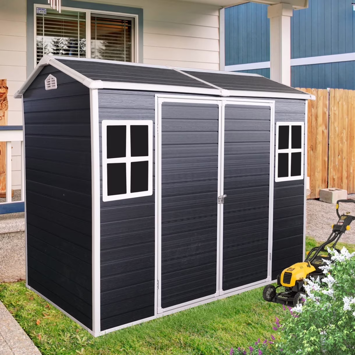 8x4 FT Outdoor Storage Shed with Floor, Resin Garden Sheds with Lockable Door, Vents & Windows, Weather Resistant Tool Shed with Sloped Roof for Backyard Patio, Grey - Image 3