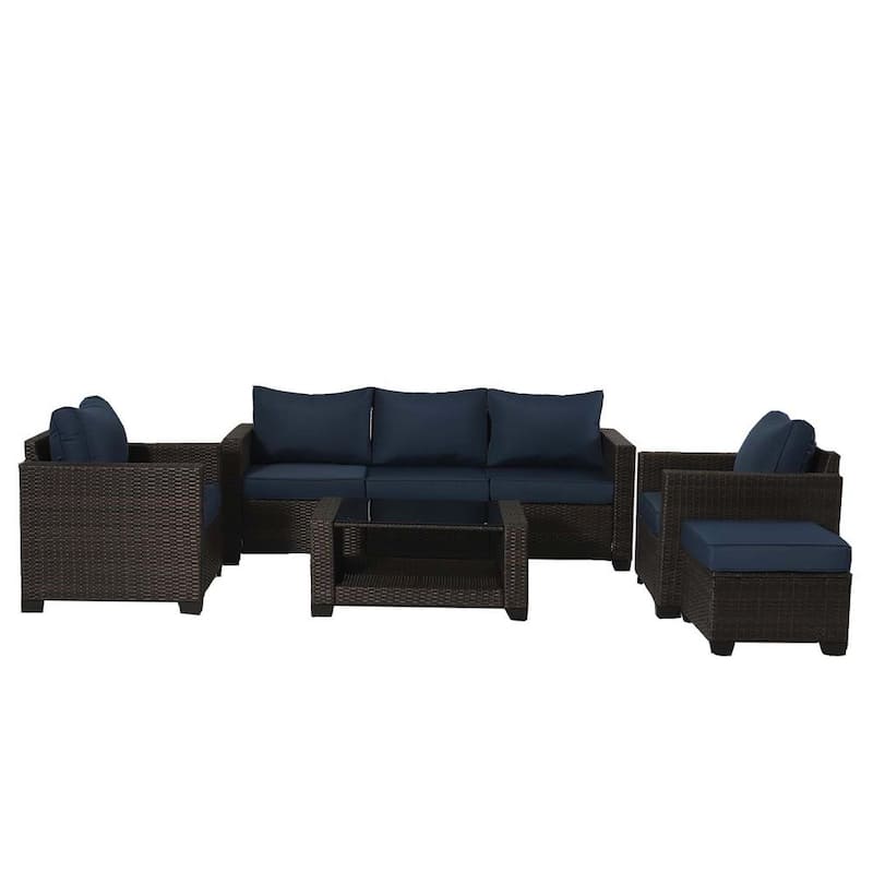 Set de Sofá Seccional de 7 Piezas para Patio con Cojines Azul Marino de Mimbre Marrón hi0820282