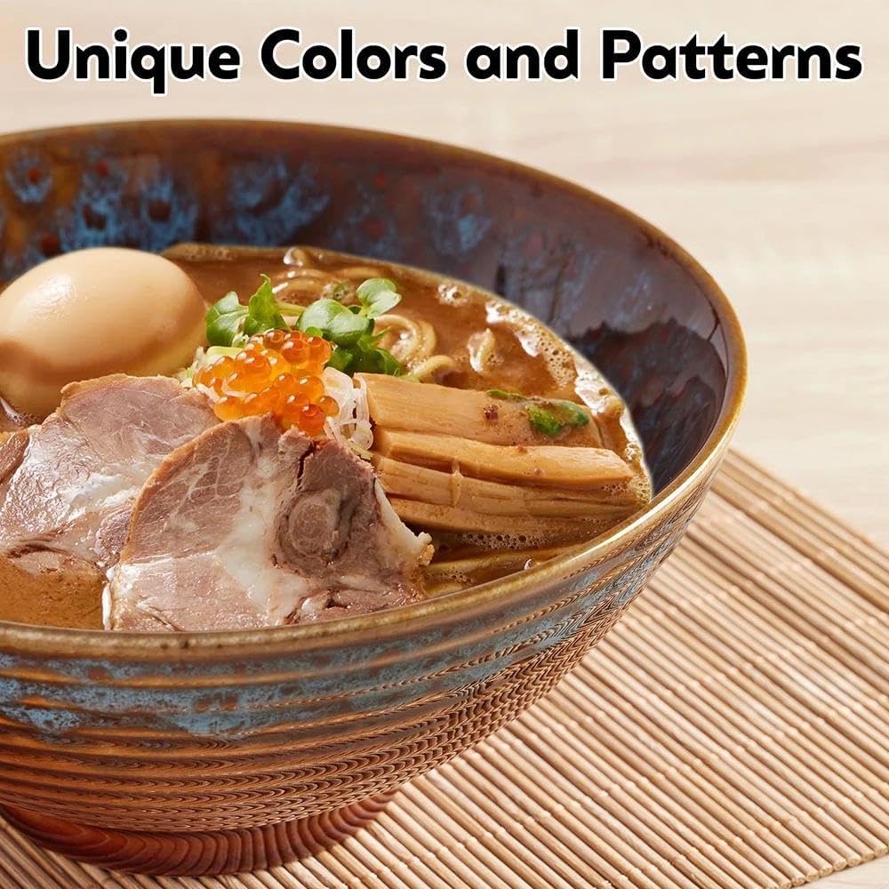 Ceramic Ramen Bowls - 40 oz - 20cm - With Spoon and Chopsticks for Ramen Soup Pho Udon Asian Noodles, Large Noodle Bowls (Cat's eye glaze)