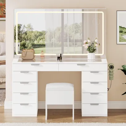 Vanity Set with LED Mirror, 10 Drawers, Stool Included