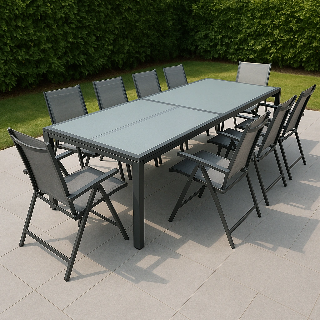 Conjunto mesa comedor exterior gris aluminio textileno jardín - BwdQVue378oH