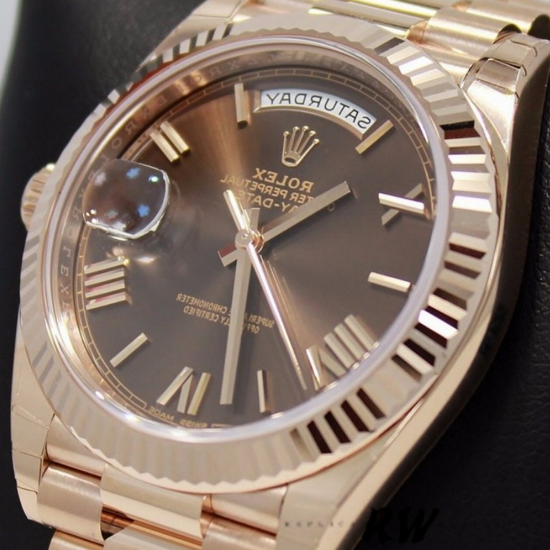 Rolex Day-Date 228235 Chocolate Brown Roman Numeral Dial Fluted Bezel 40mm Mens Replica Watch