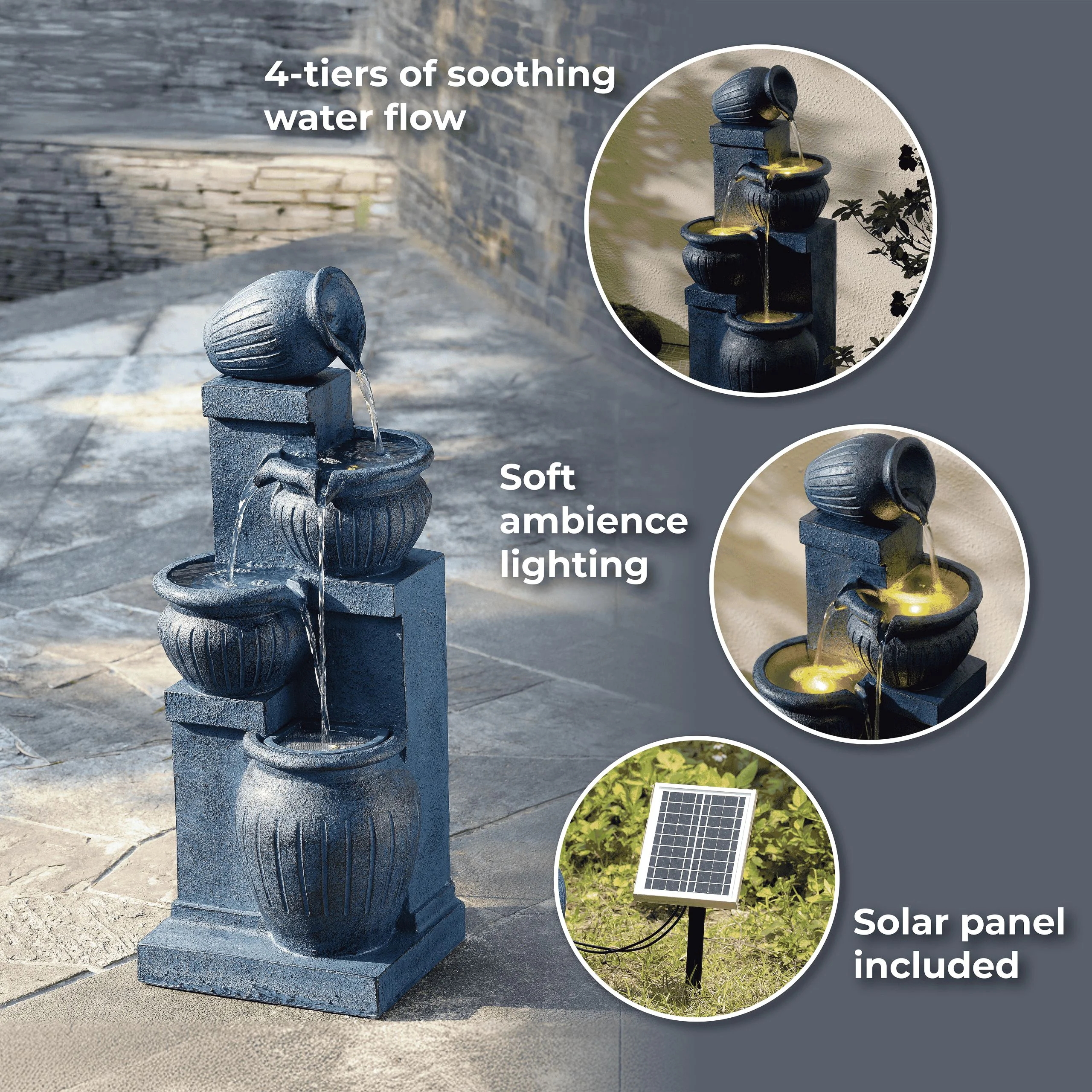 Teamson Home Outdoor Water Fountain with Lights-C 4-Tier Cascading Bowl Design with LED Light & Solar Pump, Solar-Powered Water Fountain Outdoor Garden, Yard, or Patio D-cor, Navy Blue - Image 5