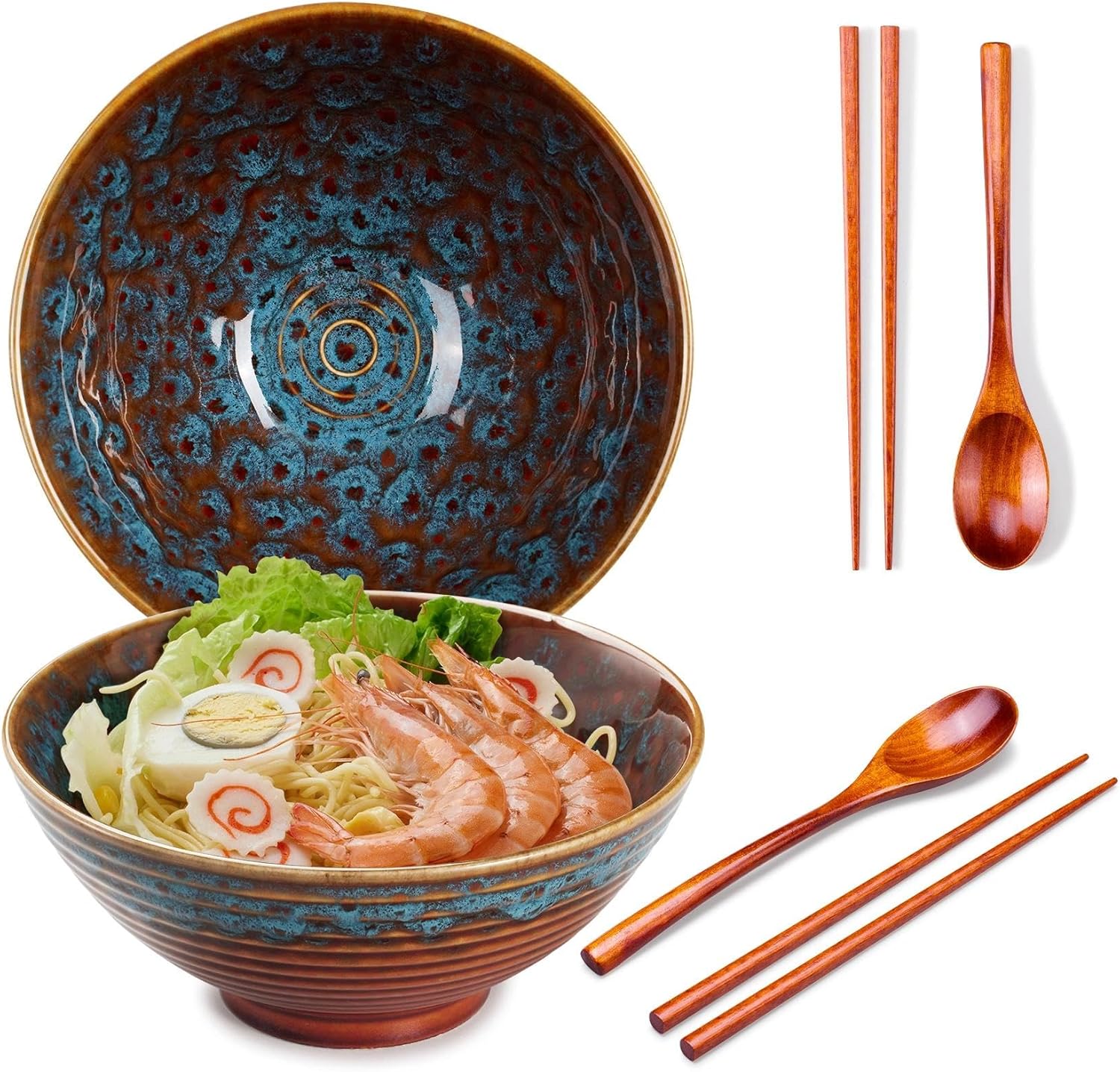 2x Ceramic Ramen Bowls - 40 oz - 20cm - With Spoon and Chopsticks for Ramen Soup Pho Udon Asian Noodles, Large Noodle Bowls (Cat's eye glaze 2 sets)