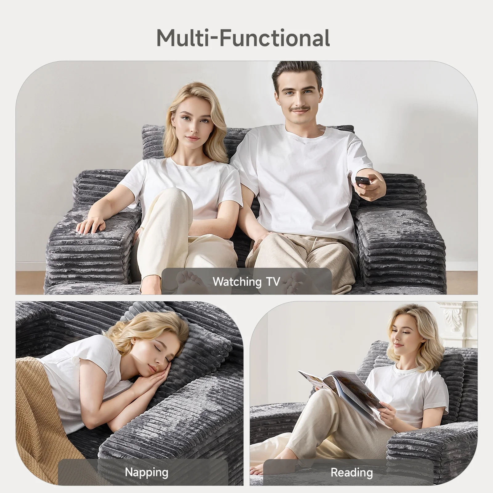 65" Corduroy Cloud Sleeper Chaise Lounge Chair, No Assembly Sofa Bed with Pillows, Beige - Image 18