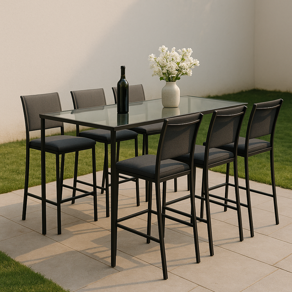 Bar de jardin Mesa alta con sillas Gris y Negro Metal y vidrio Exterior 180×90×105cm