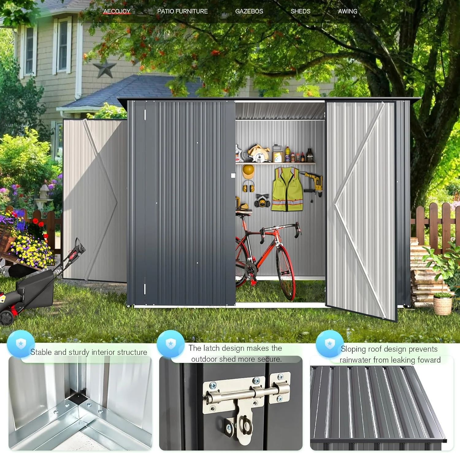 YODOLLA Outdoor Storage Shed, 3 x 7 Ft Bike Sheds & Outdoor Storage, Small Metal Outdoor Storage Cabinet for Garden - Image 10