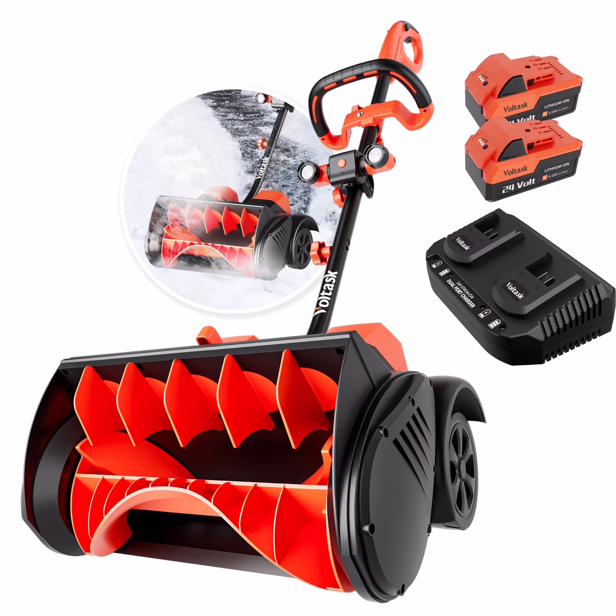 VOLTASK 48V 16 - Inch Cordless Snow Shovel with Wheels, Electric Snow Blower with LED Lights, 2 Batteries Dual Quick Charger Included for Driveway