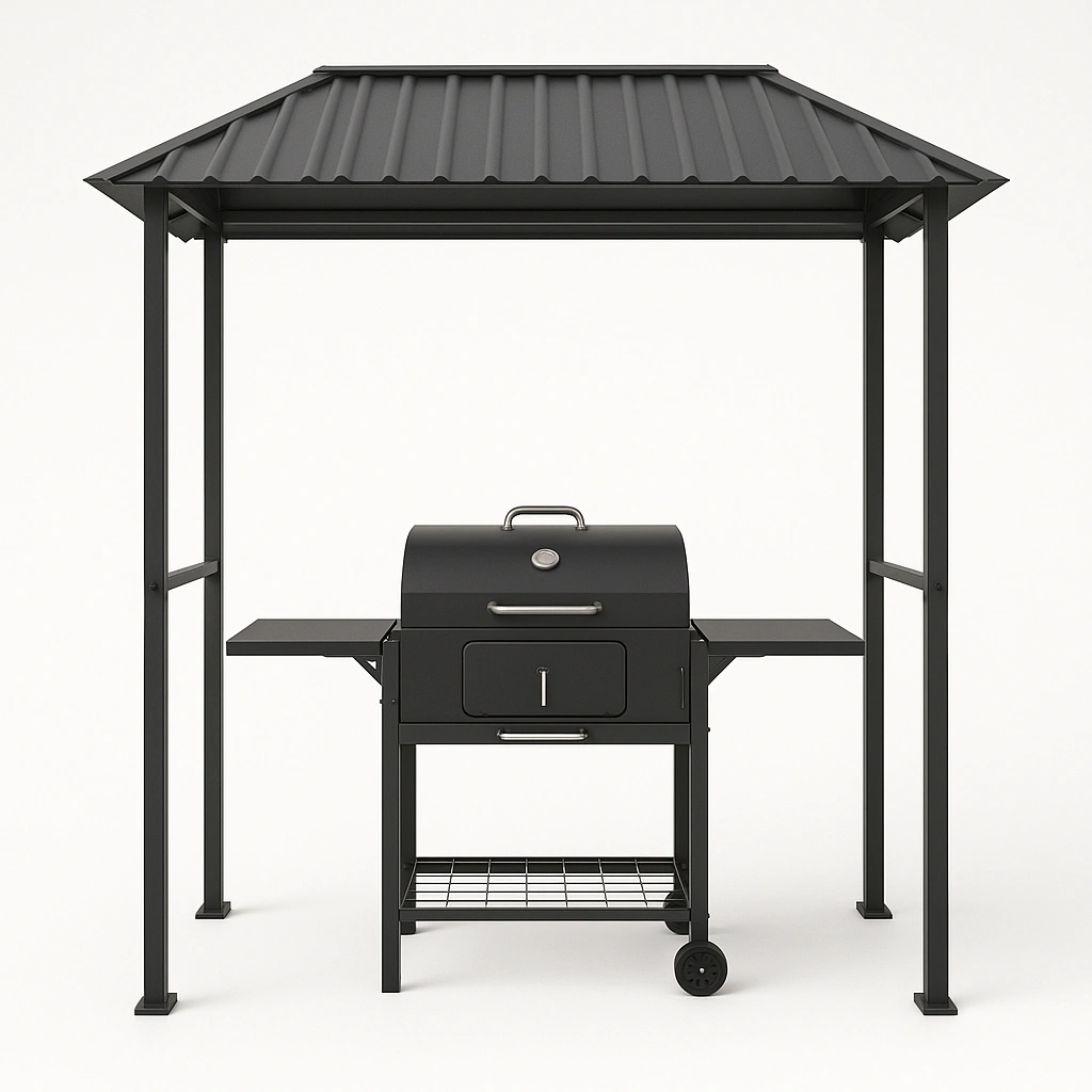 Caseta para barbacoa con estructura de metal negro/gris y techo de acero, 200x120x220 cm